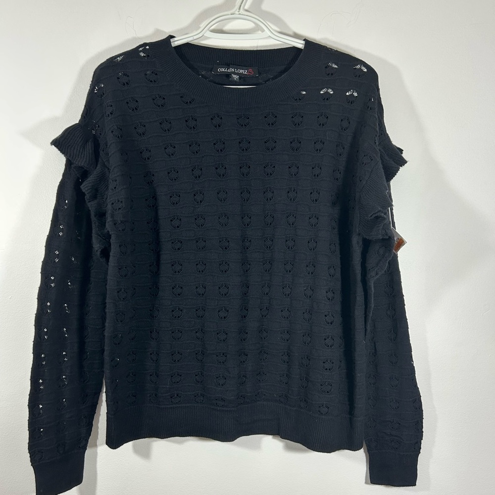 Colleen Lopez Black Sweater with long sleeves and Ruffle Details Eyelit Design